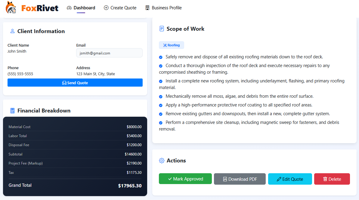 FoxRivet Quote Generator Dashboard