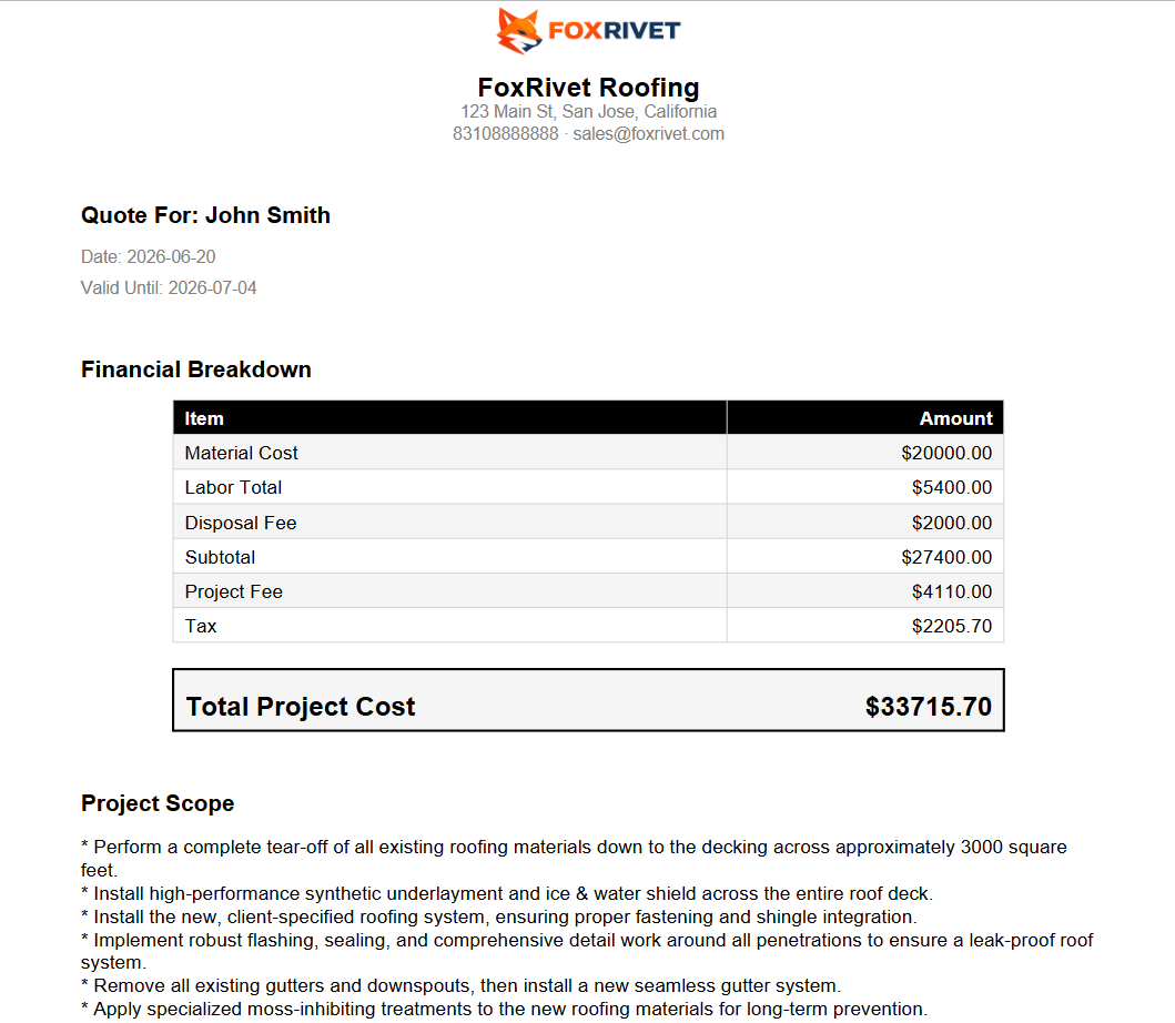 FoxRivet Professional PDF Quote Example